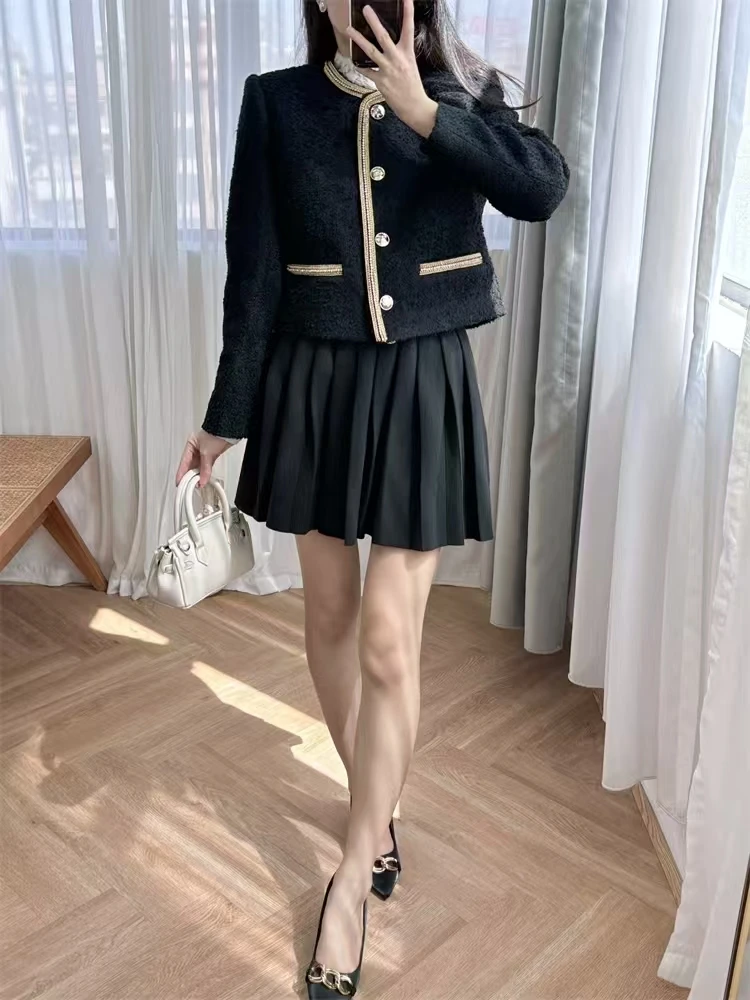 Wool Jacket with Rhinestone Trim,black Coarse Tweed,front Shoulder,round Neck,French Elegance,new Style for Autumn and Winter 24