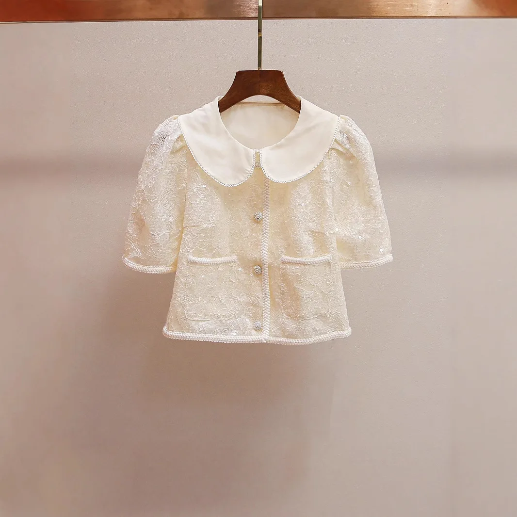 

Korean Style Sequin Embroidery Summer New Arrival Outfit Doll Collar Top High Waist Skirt Set Women's Casual Sportswear