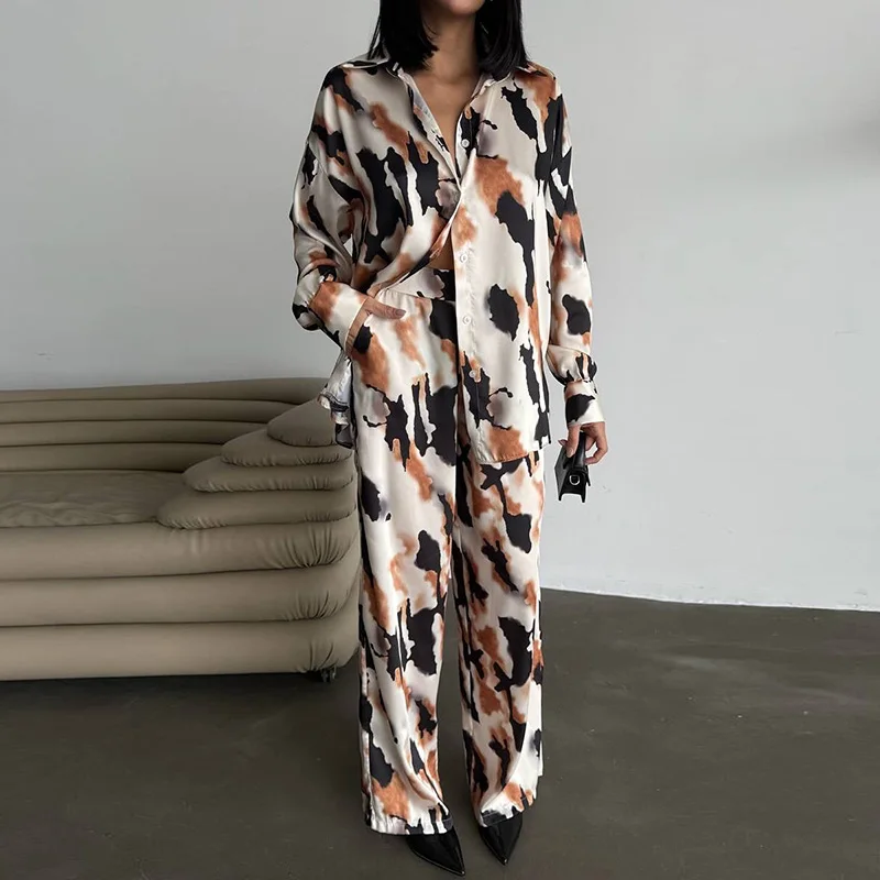 

2025 Spring Summer New Loose Vacation Sets Casual Lapel Single Breasted Long Sleeve Shirts Pants Matching Sets Elegant Print Set