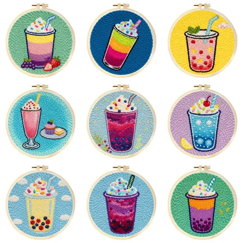 Niedliches Bubble Tea Punch Needle Kit für Anfänger mit Stickrahmen, Buntes Getränk DIY Garn-Stickrahmen-Set, Bastelset für Heimdekoration