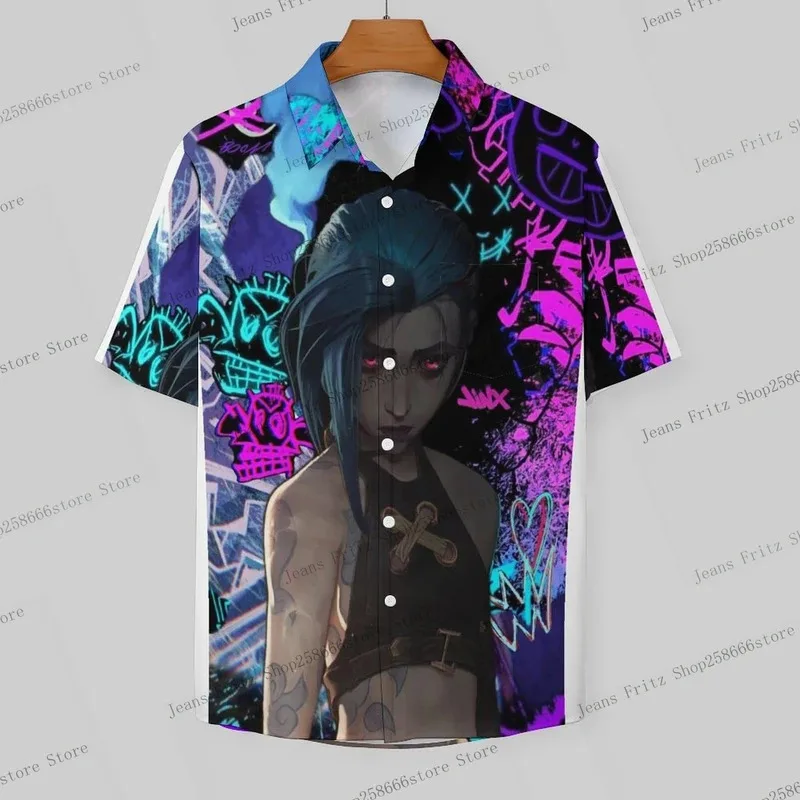 Popular Anime Arcane League Jinx 3D Printing Man/Women Casual Fashion Short Sleeves shirt Lapel Button Oversized Unisex Shirts