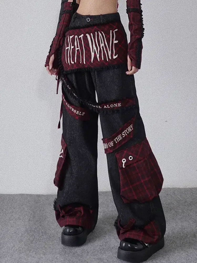 Embroidered patchwork red checkered multi pocket jeans with high waist and slimming effect floor length pants baggy jeans women