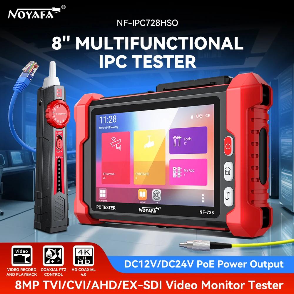NF-IPC728HSO CCTV IPC Tester HDMI VGA PSE TDR VFL CVBS AHD TVI CVI Cable Tester IP Camera Tester OTDR DC 12/24V 8" Touch Screen