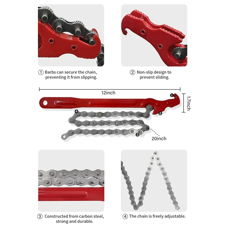 Chiave a catena ABBO, chiave per cinghia da 12 pollici, chiave per tubi a catena in acciaio al carbonio resistente per semi camion, scarico chiave universale