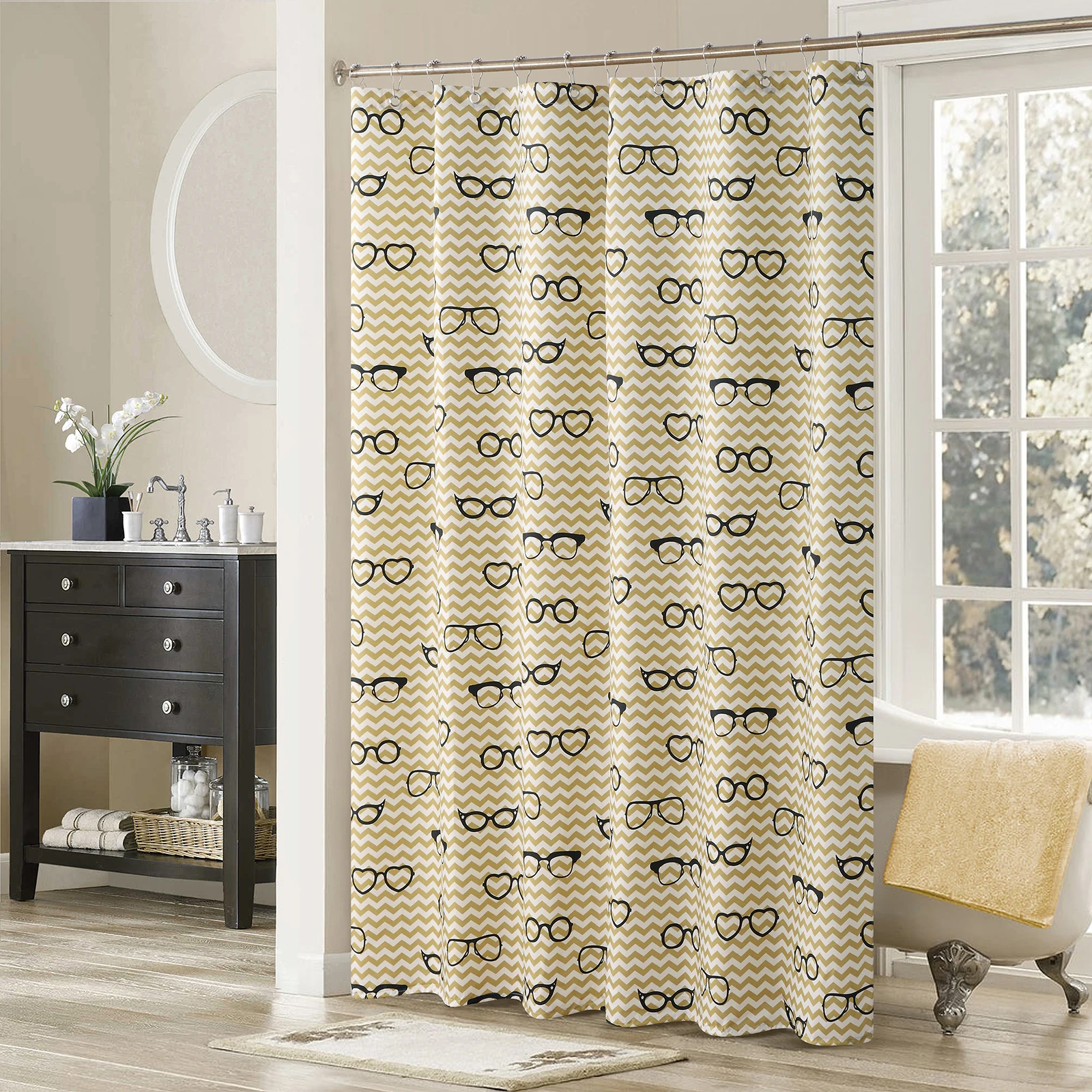 

Liv Kids Polyester Waterproof Printed Fabric Yellow Decoratived Black Glasses Shower Curtain