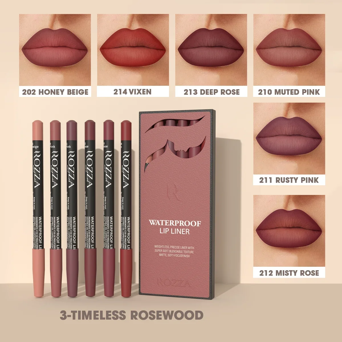 Rozza 6pcs Lip Liner Set,Velvet Matte Long-Lasting Waterproof Super Soft Blendable Texture Matte Soft Lip Liner