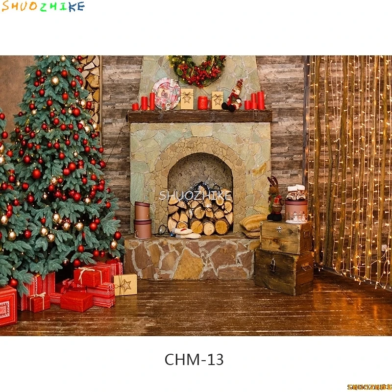 SHUOZHIKE عيد الميلاد خلفيات للتصوير الفوتوغرافي الدعامة شجرة عيد الميلاد الموقد التصوير خلفية القماش CHM-005