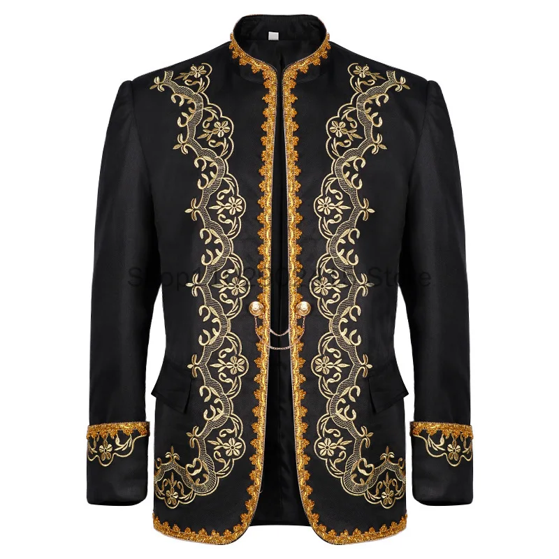 Medieval Men's Vintage Jacket Coat Embroidery Zip Up Stand Collar Prince King Cosplay Costume Victorian Golden Jacket Top