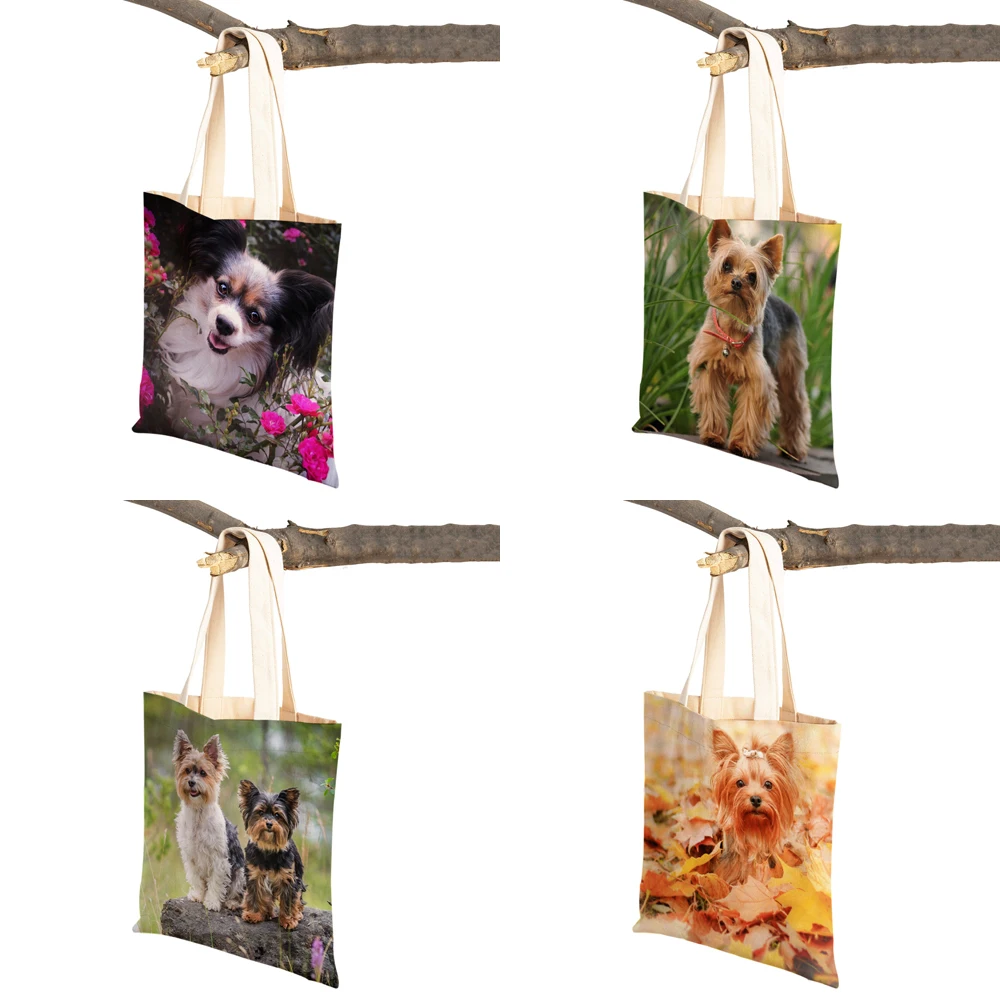 Fashion MINI Yorkshire Dog Canvas Student Lady Shopping Handbag Reusable Double Print Cute Pet Animal Casual Tote Bag for Women