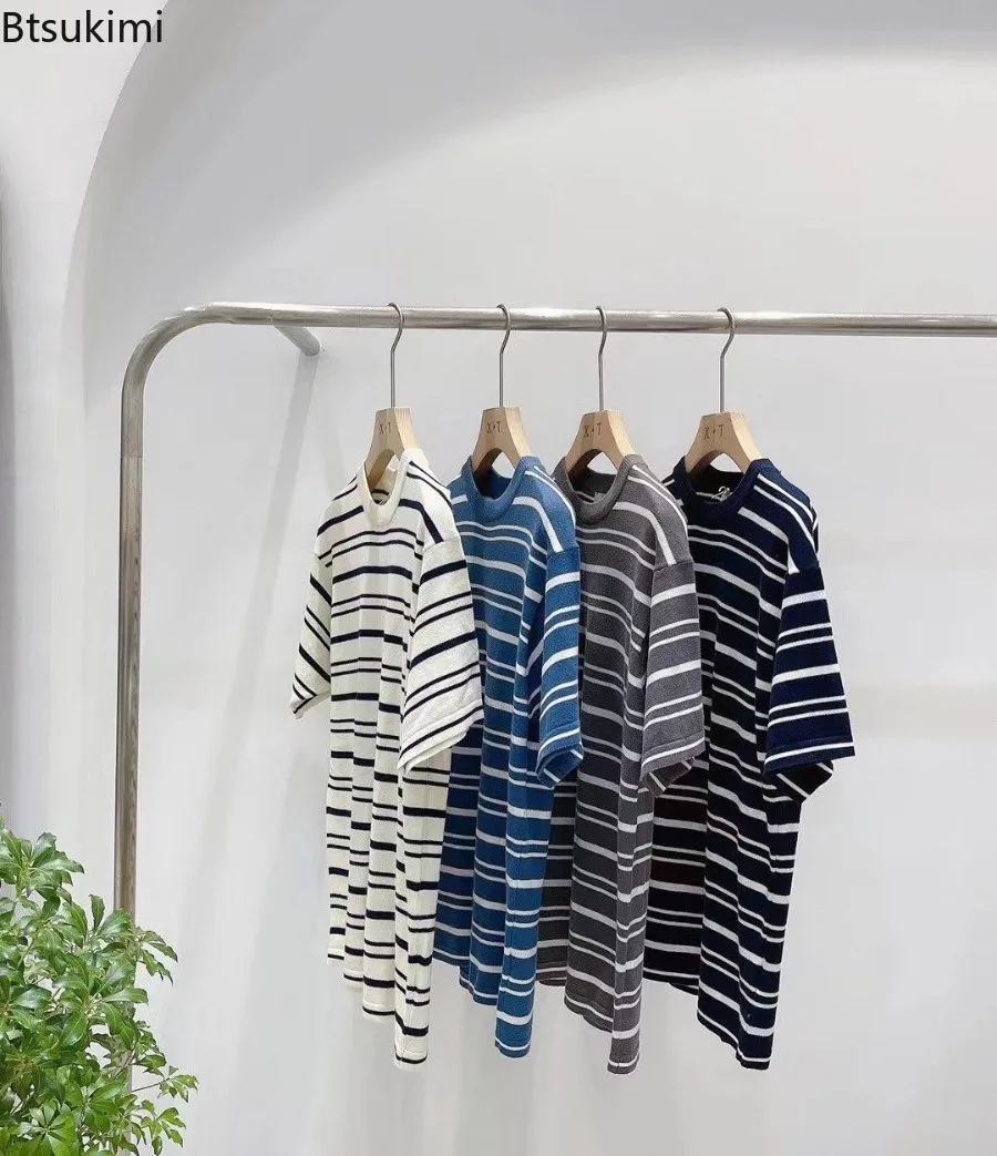 الصيف موضة تنوعا الحياكة س الرقبة تي شيرت للرجال عادية فضفاض قصيرة الأكمام بلايز الرجال مخطط شخصية الملابس اليومية #6