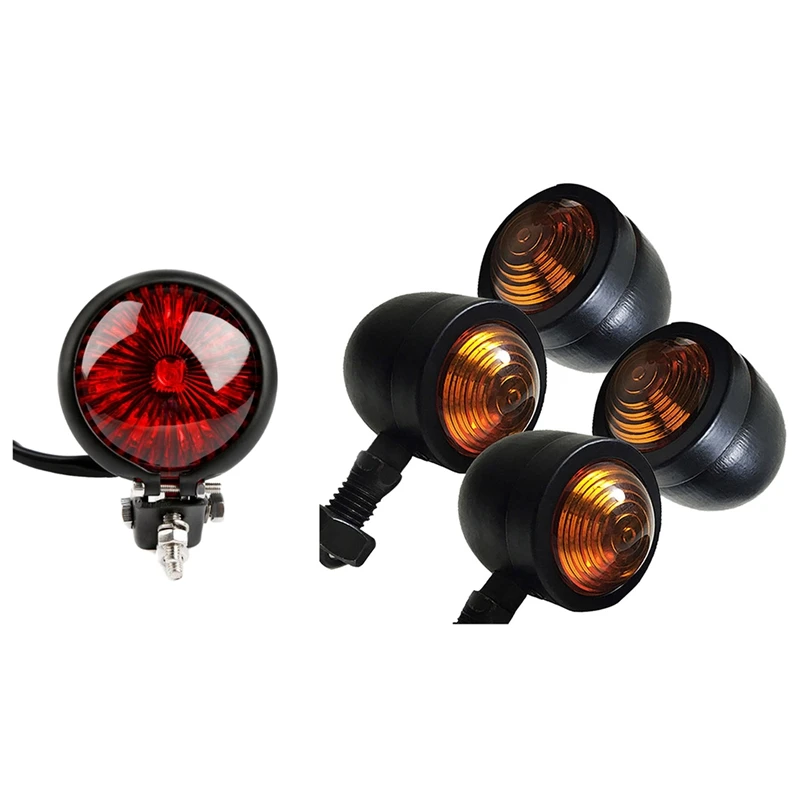 4Pcs Black Motorcycle Turn Signal Indicator Lamp for Honda Fatboy Chopper Bobber Suzuki & 1Pcs Red 12V Led Black Adjustable Cafe