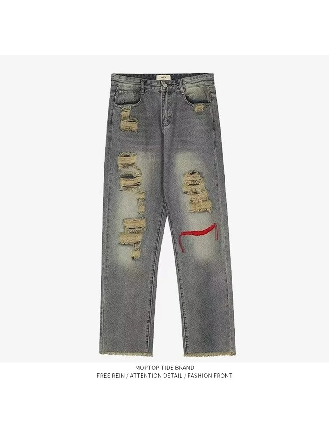 

WH New American Retro Mud Dye Elastic Hole Denim Jeans Men Winter Casual Straight Loose Wide Leg Pants Trendy Straight Fit