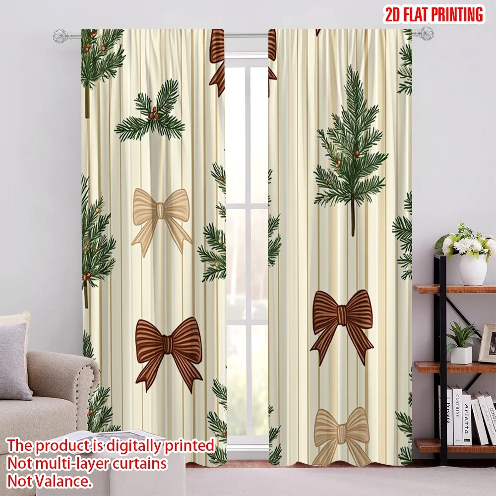 2pcs,2D plane printing Print Curtains Christmas Trees Bows (2) Polyester Easy Install (without rod) Room Decor Perfect for