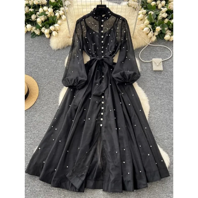 Heavy Industry Diamond-encrusted Stand Collar Dress Women Lantern Sleeve Single-breasted Buckle Tape Waist Elegant Dress 2025