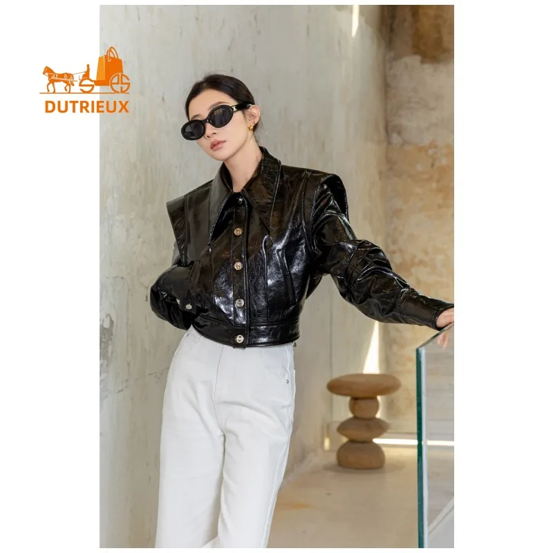 2025 New Autumn Women Short Patent Leather Jacket,Fashion Elegant 100% Genuine Leather Sheepskin Loose Motorcycle Coat for Women