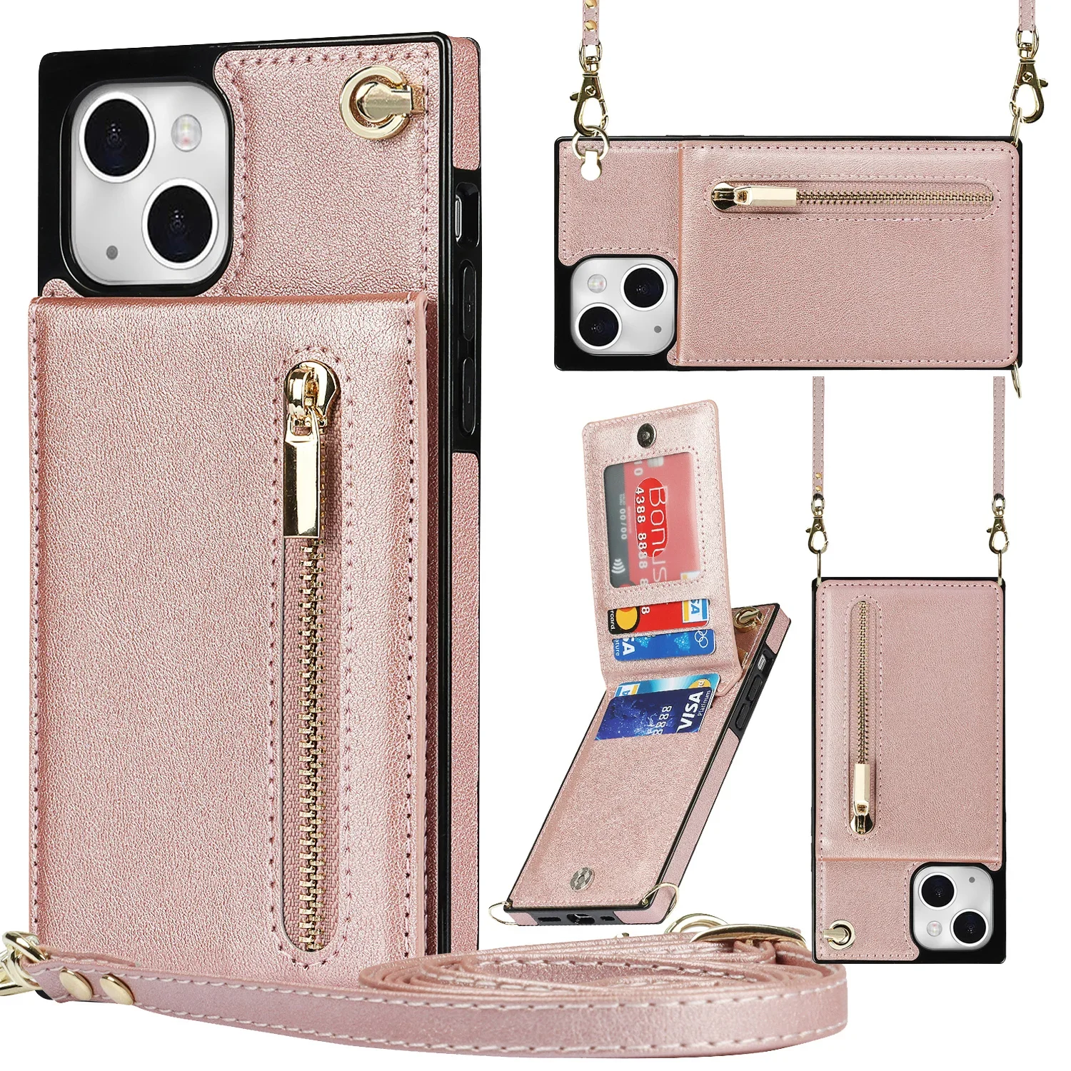 Crossbody Reißverschluss Karten Solt Brieftasche Ledertasche für iPhone 15 16 Pro Max 14 Plus 13 11 12 SE 2022 XS XR Lanyard Tasche Geldbörse Abdeckung