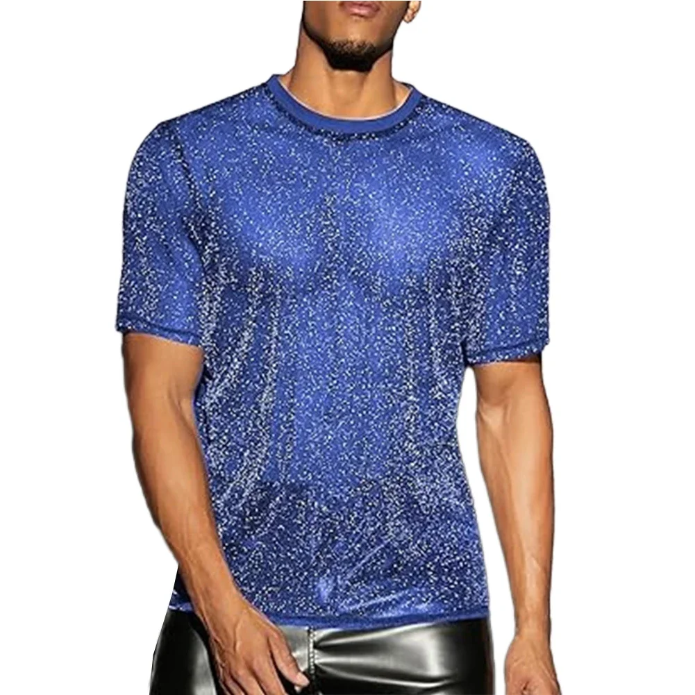 

T-Shirt Mens Top Polyester Regular Dancing Fall Mesh Nightclub Round Neck See Through Shiny Short Sleeve Blouse