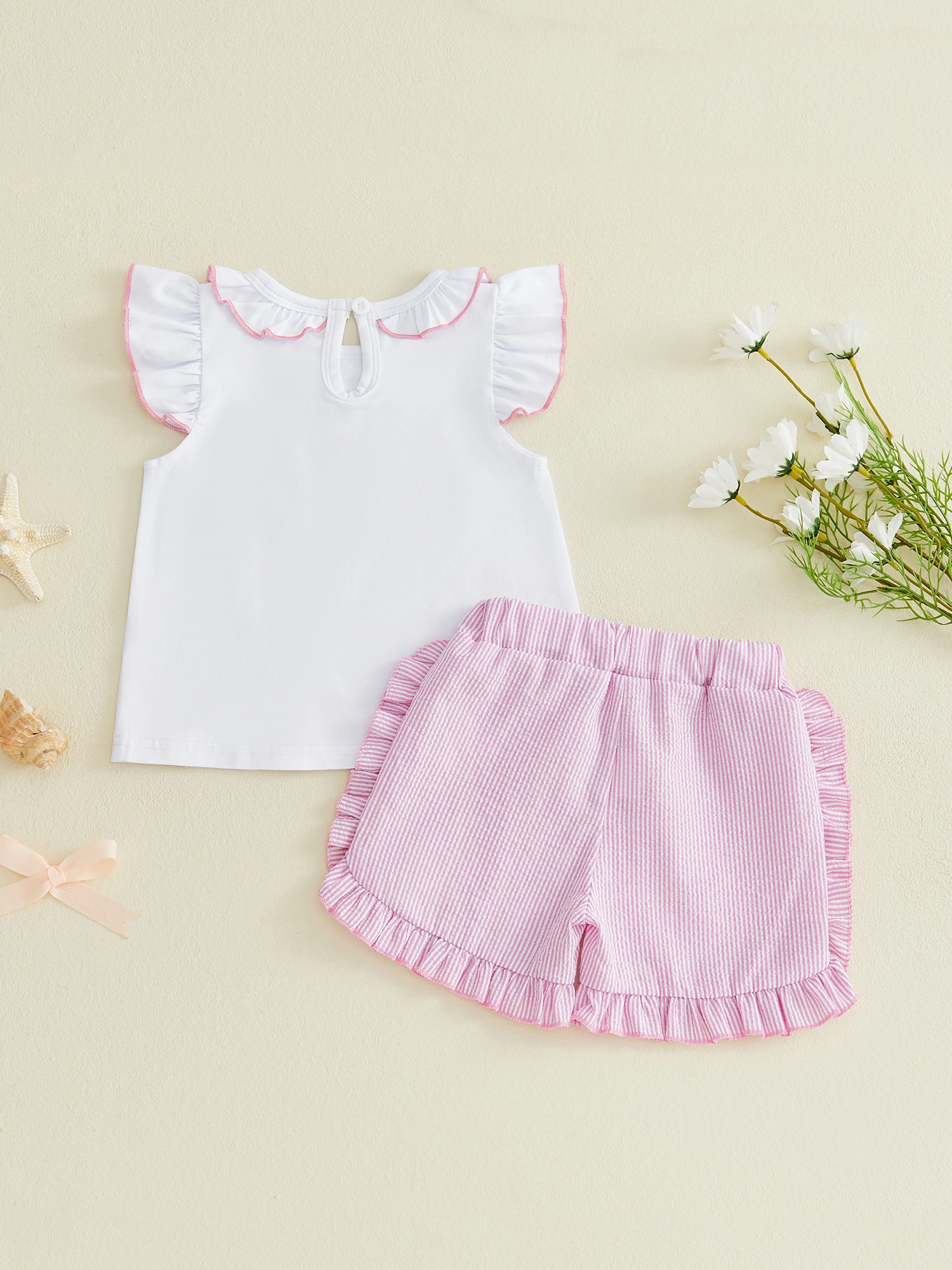 

Adorable Baby Girls Beach Theme Outfit with Starfish and Shell Applique Cute Flutter Sleeve Top and Matching Ruffled Shorts Set