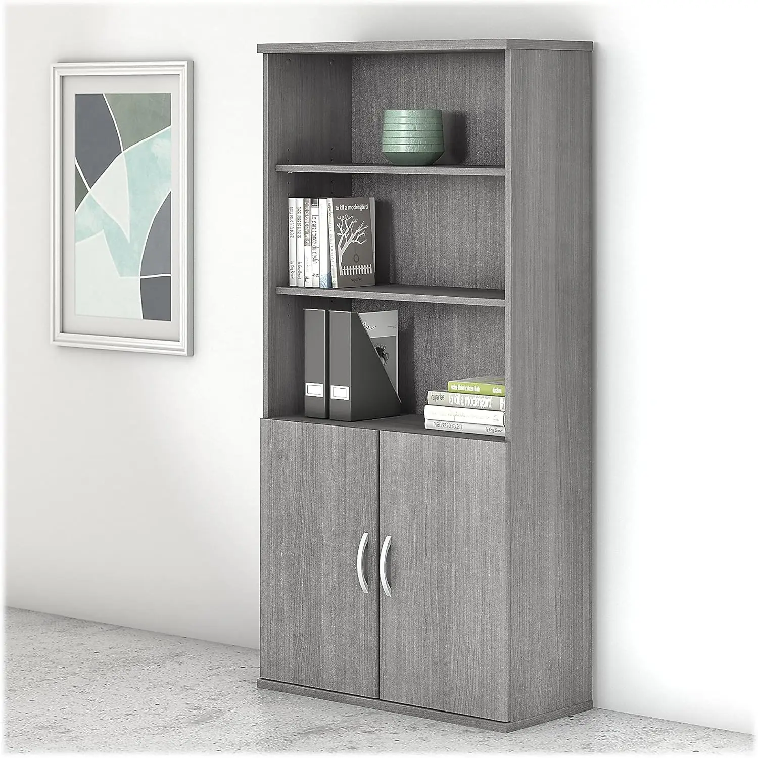 C Tall 5 Shelf Bookcase with Doors in Natural Elm, Large Bookshelf Cabinet for Home or Professional Office