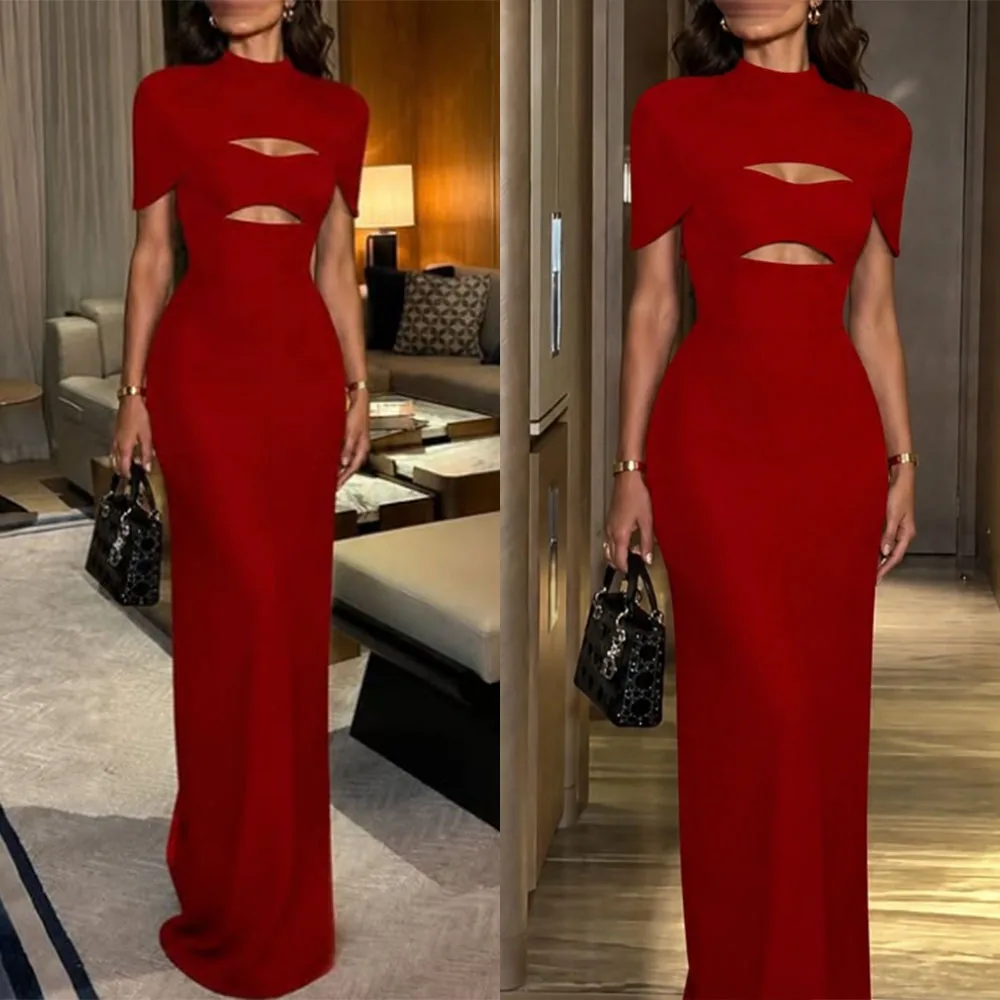 High Quality Customized High Collar Short Sleeves Floor Length Red Evening Gown Dress Woman Vestidos Invitada De Boda שמלות Robe
