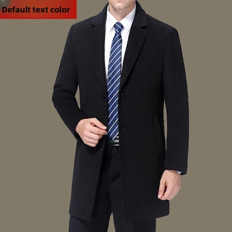 Men's Woolen Coat Medium Length Casual Business Suit Collar Windbreaker Jacket Warm Long Sleeve Pure Color Autumn Fashion