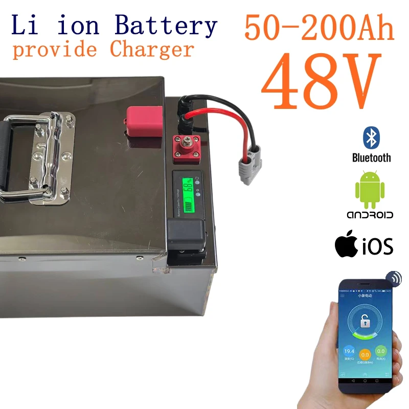 

Индивидуальный литий-ионный аккумулятор 48 В, 50 Ач, 100 Ач, 200 Ач с Bluetooth BMS для автофургонов солнечной системы, инвертированный