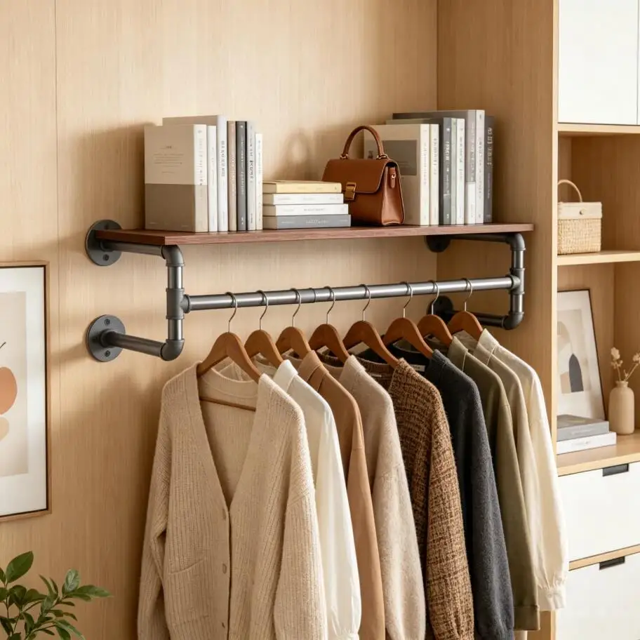 Wandmontierte Industrielle Rohr-Kleiderstange mit Ablage zur Haushaltsorganisation Schwarzer Metall-Kleiderständer