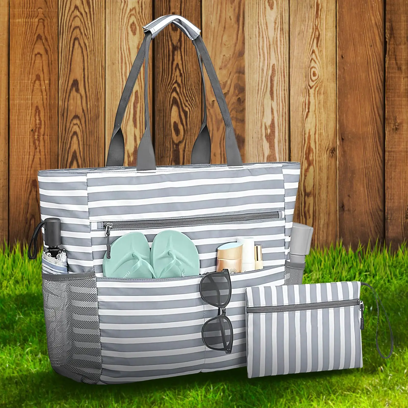 비치 토트백 대형 비치백 동전 지갑 포함 접이식 방수 토트 야외 핸드백 지퍼 포함 출퇴근 데일리용