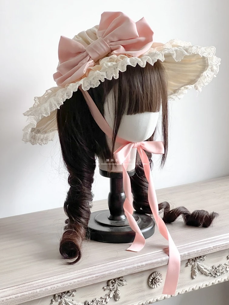 

Original hand-made Lolita umbrella hat antique doll wall to generate colored pink bow lace hat