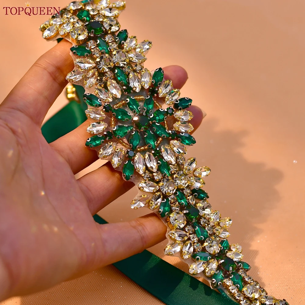 TOPQUEEN Bridal Wedding Belt Handmade Moroccan Rhinestone Belt Banquet Dress Accessories Green Jewelry Applique S319-KL