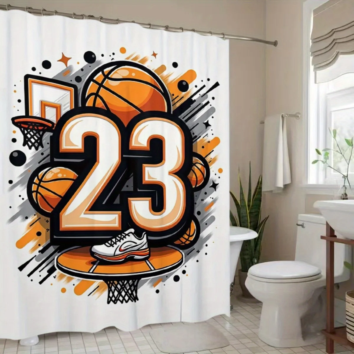 Basketball Number 23 Sports Theme Shower Curtain Waterproof Bathroom Decor for Man Woman Gym Fan Gift