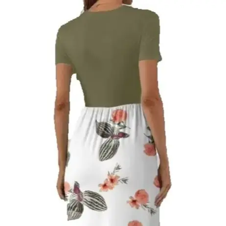 

Women's Floral Print Short Sleeve Dress Female Clothing Summer New Women Round Neck Casual Waist A Line Maxi Dress with Pockets