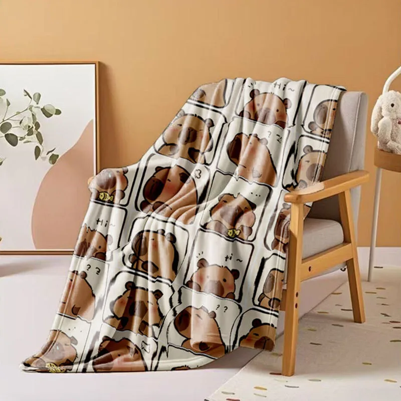 Capybara Printed Flannel Blanket Cartoon Office Nap Blankets for Kids Adults Ultra-Soft Portable Shawl Cushion for Airplane Car