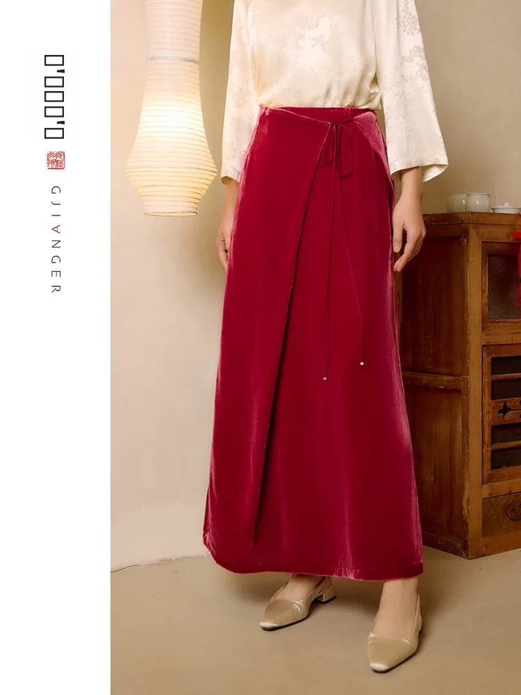 

Red Velvet Asymmetrical A-Line Midi Skirt Faionable Versatile Spring New Sle Ginger Ladies Commute Ele mid Waist Skirt