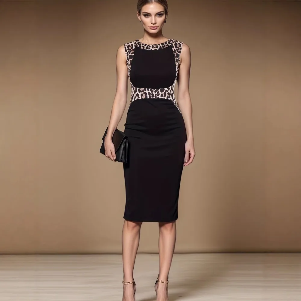 Slim Fit Sleeveless Leopard Print Dress Women Black Bodycon Pencil Dress Custom Animal Pattern