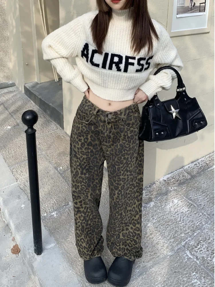 American Vintage Leopard Print Loose Women Jeans Autumn New Classic Straight High Waist Slim Casual Fashion Female Jeans