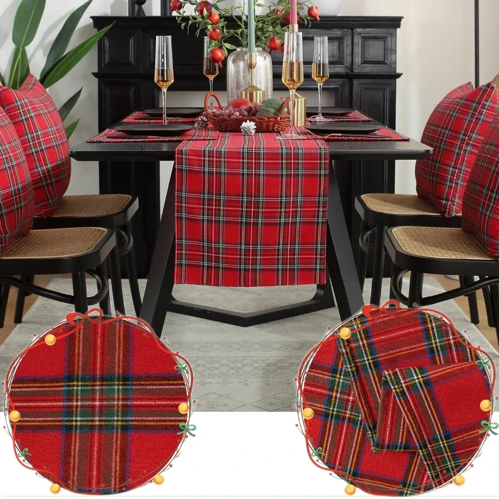 Christmas Table Runner Red and Black Checkered Tablecloth Merry Christmas Decorations For Home Navidad Noel Gifts Tablecloth