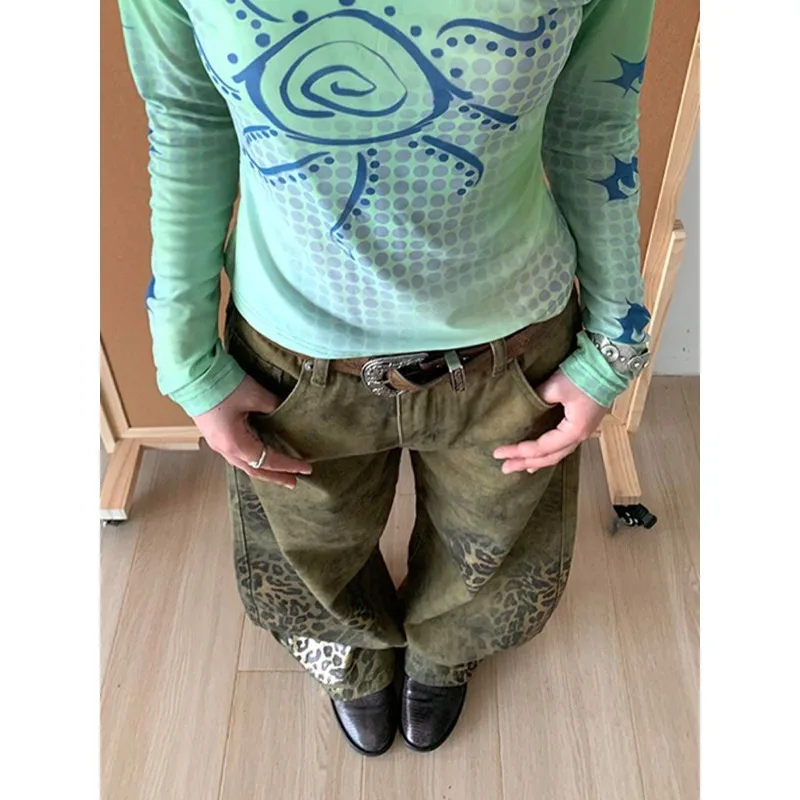 أزياء المرأة ليوبارد الجرافيك الهيب البوب الجينز فضفاض مستقيم الساق حزب الدنيم السراويل النمط الأمريكي الجديد الشارع الشهير سراويل جينز