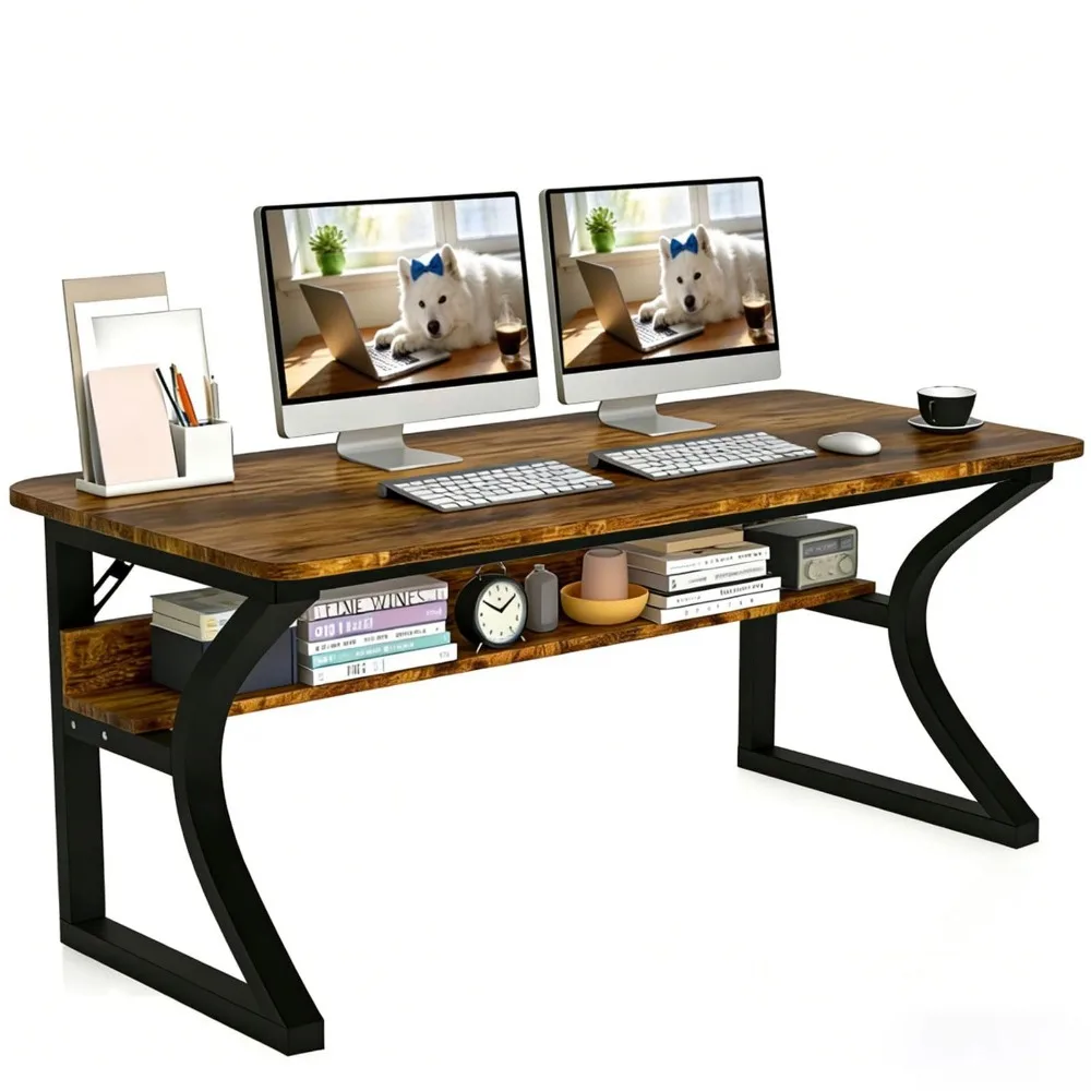 47 X 23.6'' Computer Desk, Home Office Desks w/Shelf Storage, Computer Desk w/Metal Frame, Cable Management, Study