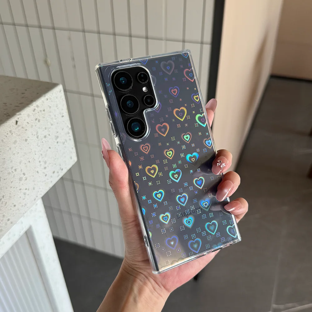 Laser heart-shaped transparent phone case for Samsung Galaxy S24 Ultra S26 Plus S23 FE S25 Edge Advanced anti fall cover.