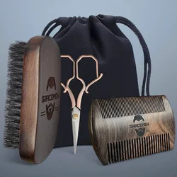 Gracemen Premium Retro Beard Brush Comb Grooming Set for Men - 100% Boar Bristle & Double Sides Comb & Bronze Scissors