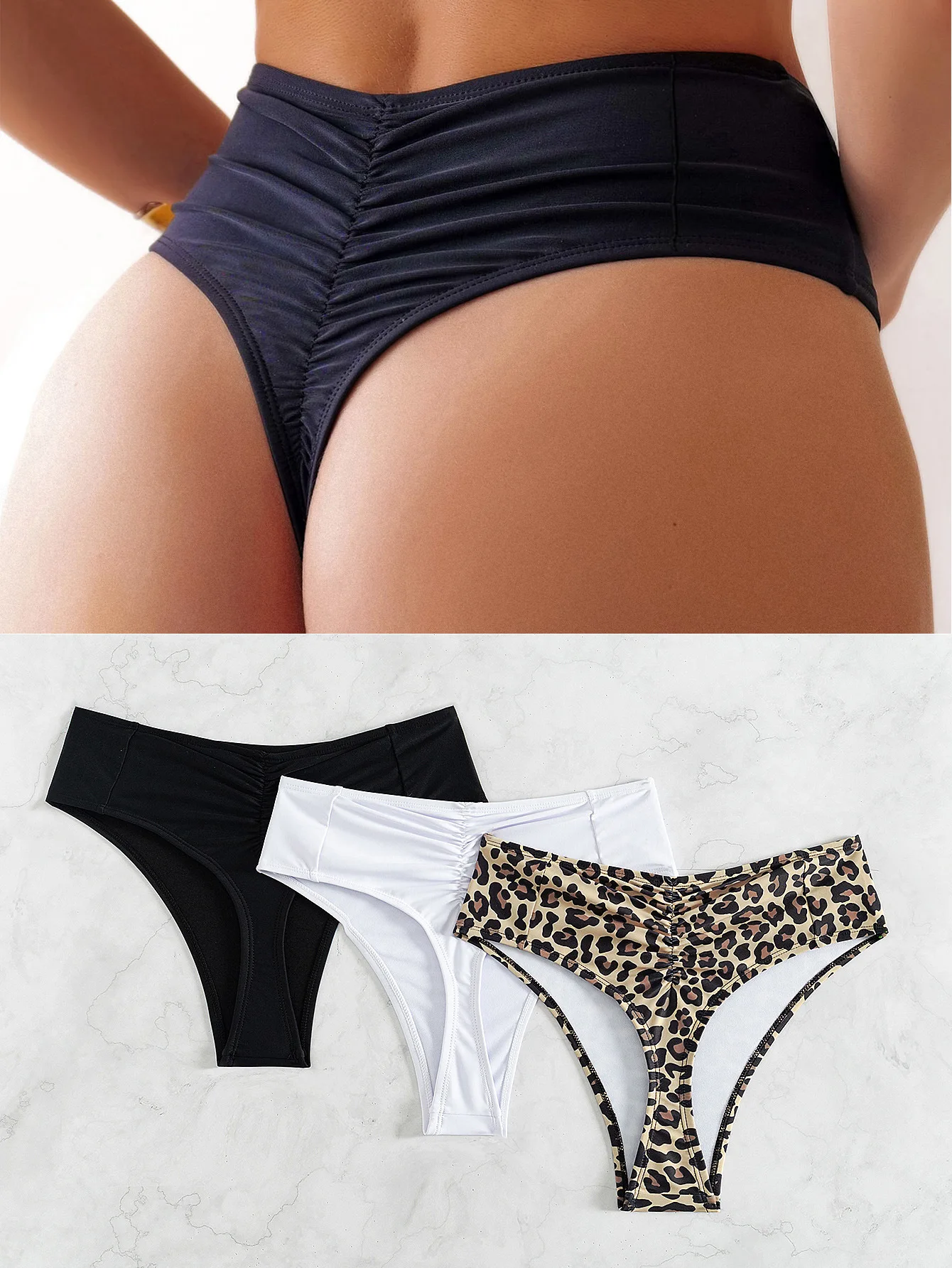 

2024 New solid-color sexy European and American swimsuit bikini wrinkled swimming trunks two-piece set for women