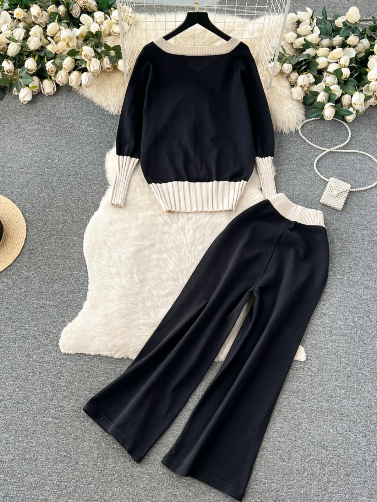 

Корейский вязаный свитер Faion Long Sve с высокой талией, узкие широкие брюки, женский комплект из двух предметов, удобный наряд для ленивого сна