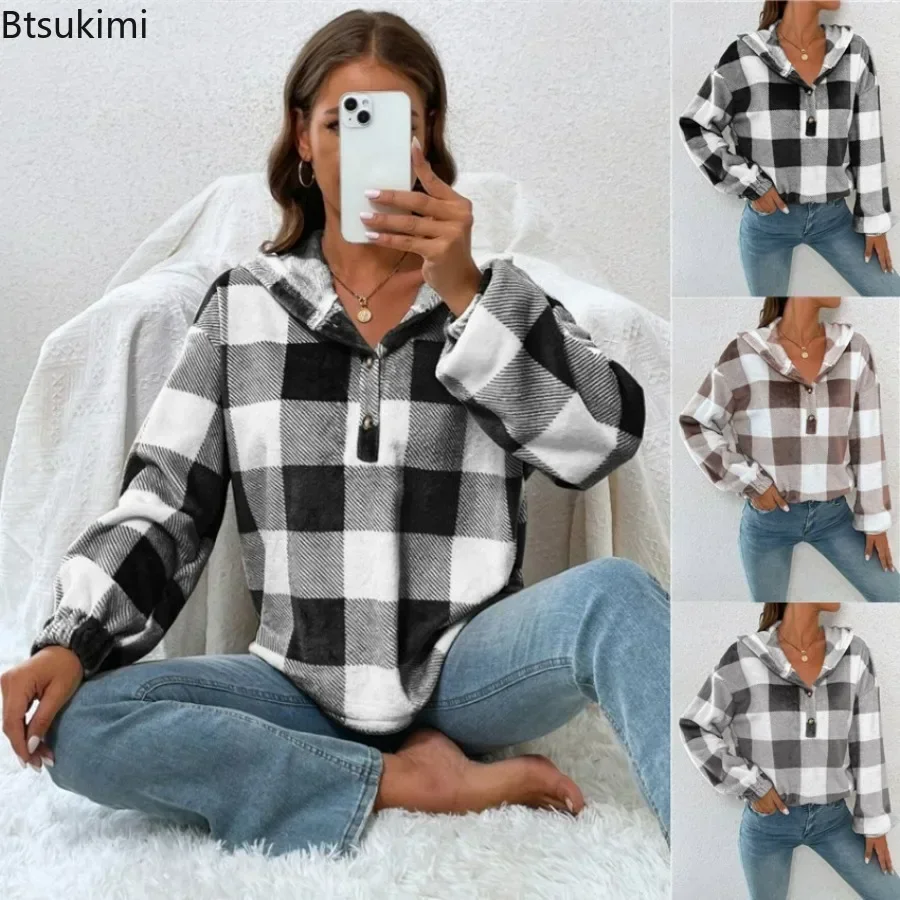 2025 Women's Plaid Print Hoodies Shirts Button Half Open Collar Sweatshirts Female Autumn Winter Hooded Sweatshirt Retro Clothes