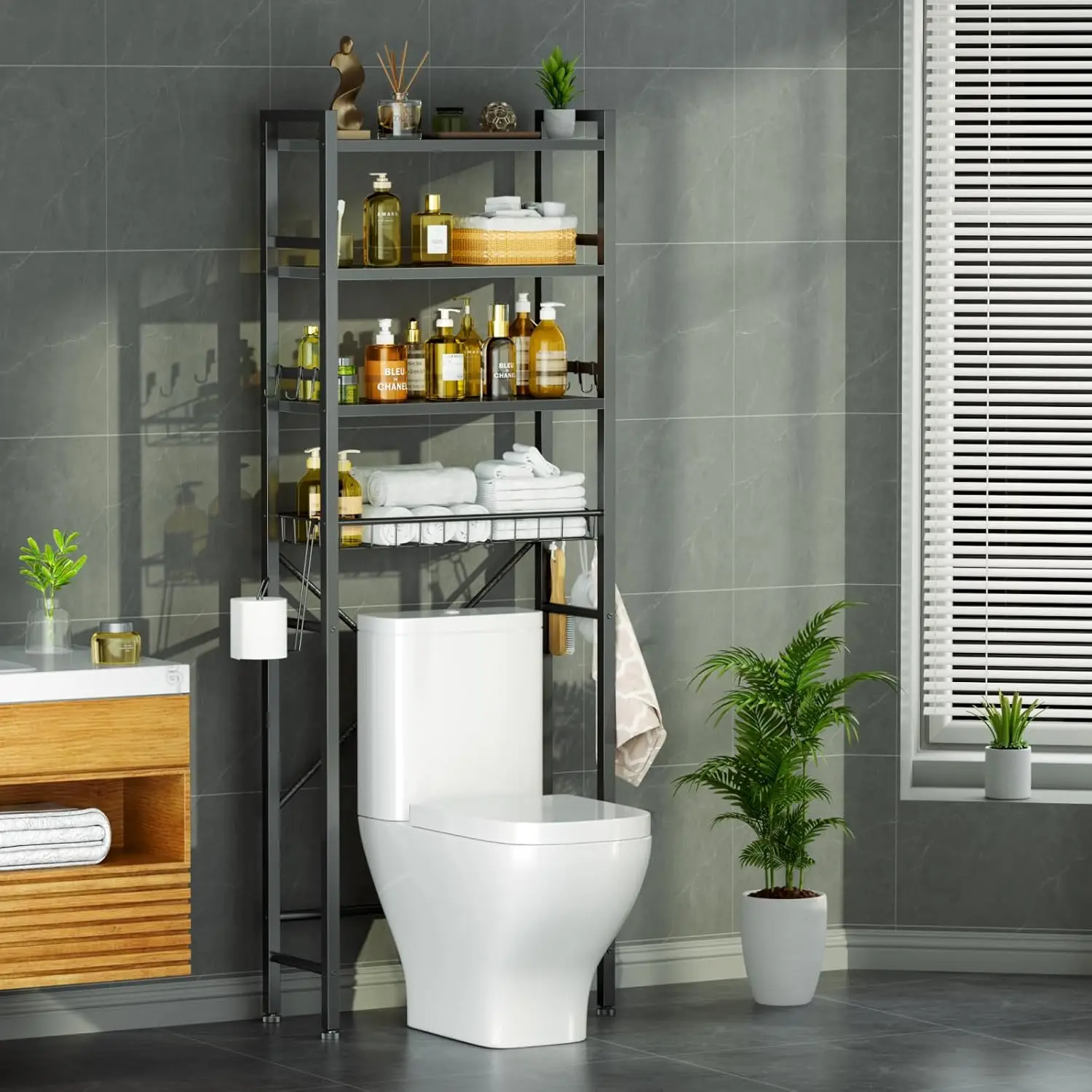 Organizador de Baño de 4 Niveles Sobre el Inodoro, Estantes de Almacenamiento con Portarrollos de Papel Higiénico y 9 Compartimentos, Personalizado