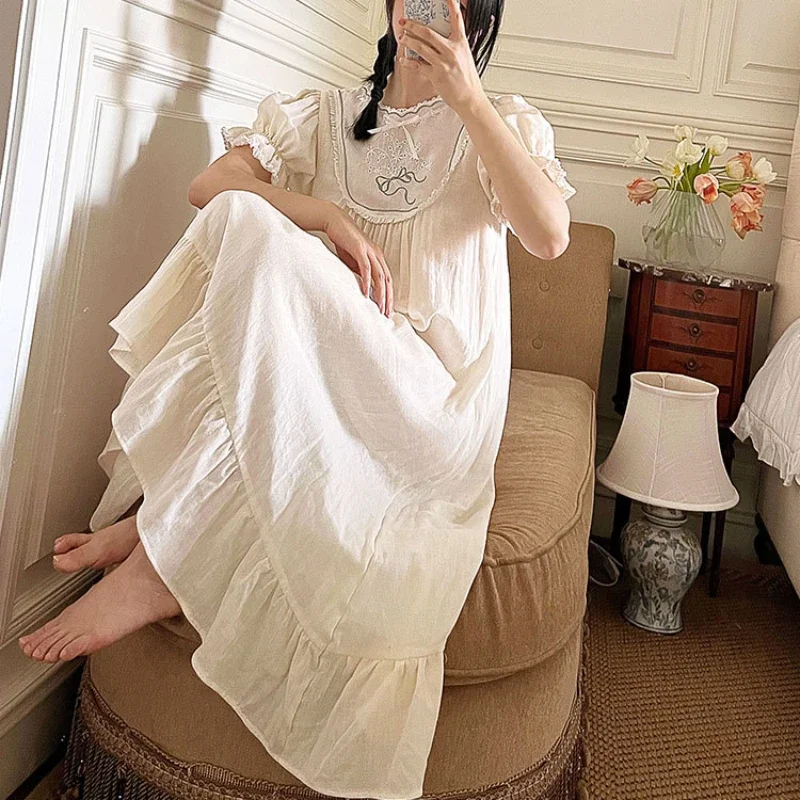 Embroidery Long Night Dress Women Summer Vintage Cotton Short Sleeve Peignoir Sleepwear Princess Nightwear Victorian Nightgowns