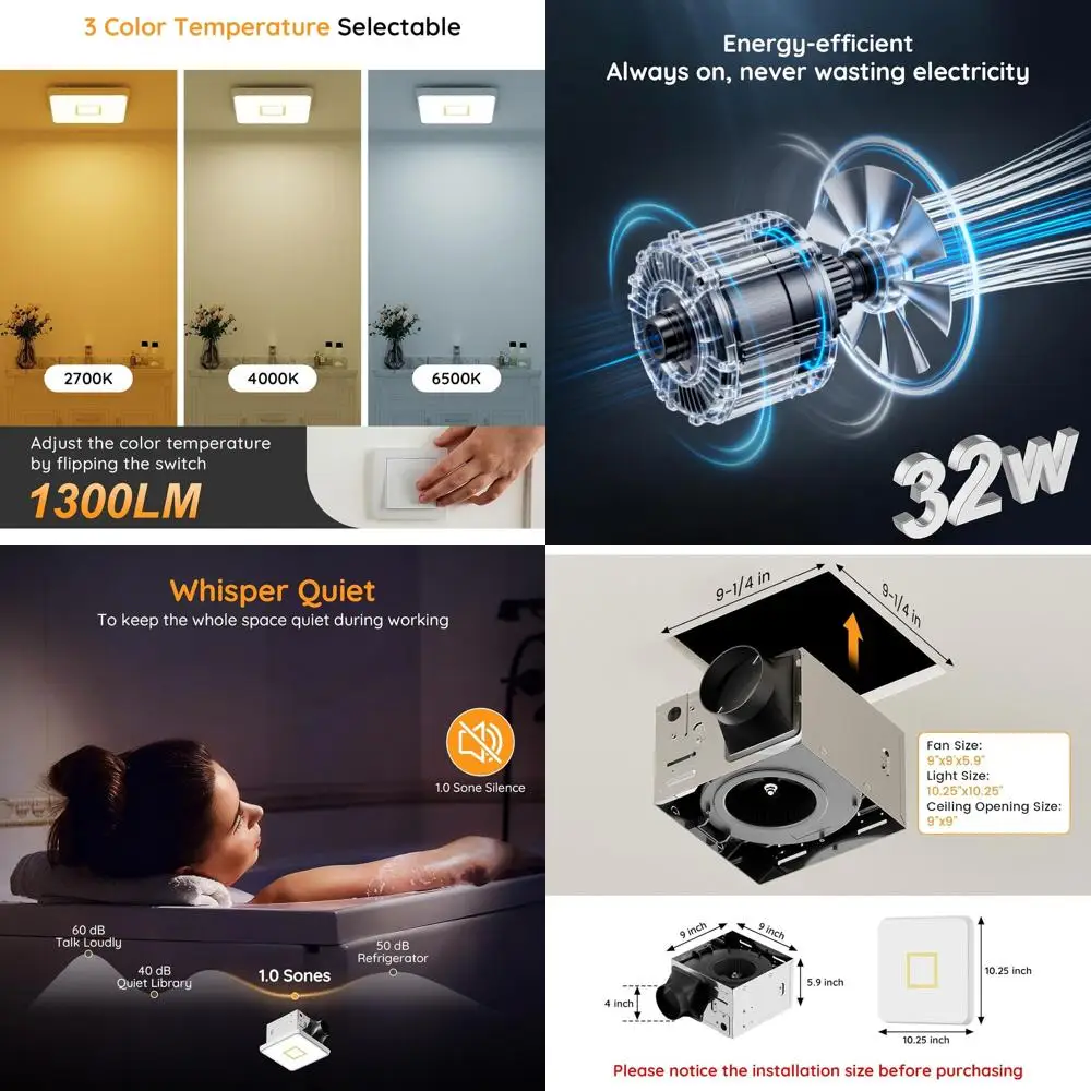 

9 130 CMH Bathroom Exhaust Fan with 1300LM LED Light, 3 Color Temperatures, Light Memory, ETL Gold Certified