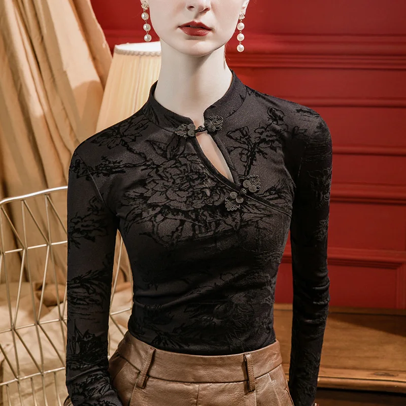 Flocked Lace Tops for Women: Black Slim Fit Blouse with Frog Buttons, Long Sleeve Base Layer T-Shirt for Spring Fall Wardrobe