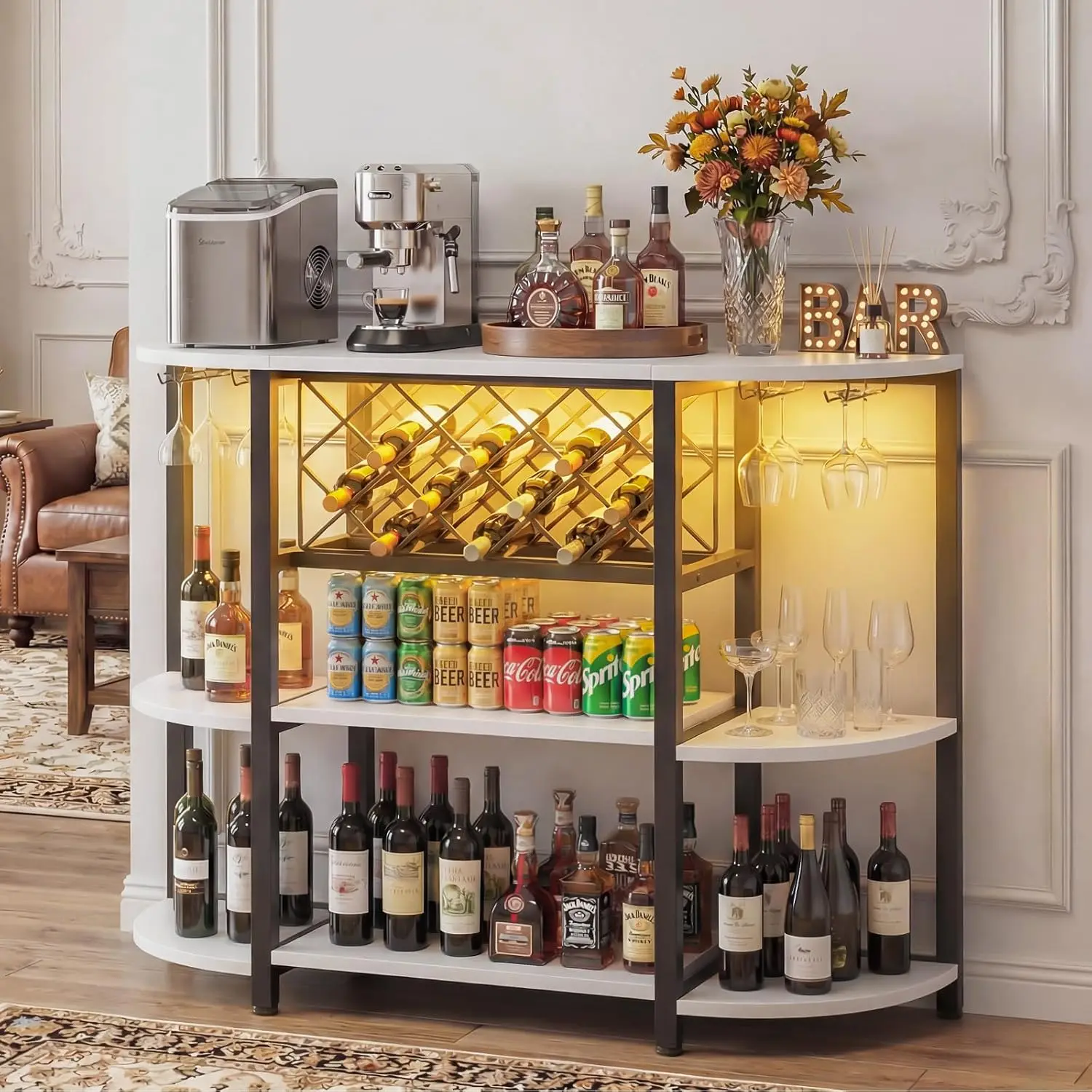 White Bar Cabinet LED Lights & Power Outlets, 47