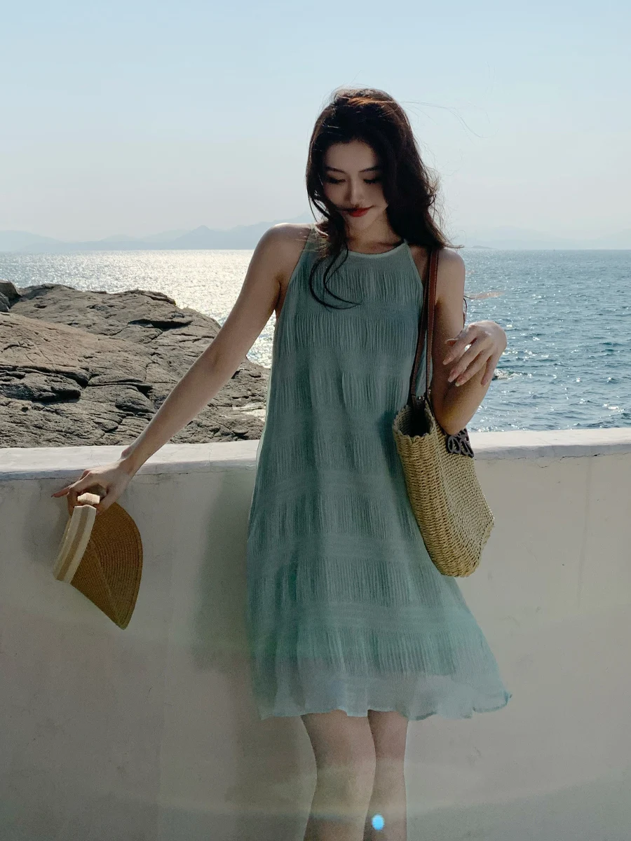 

Новое нежное стильное пляжное платье-майка Санья, корейская версия, элегантное утягивающее длинное платье, стильное пляжное платье без морщин C170